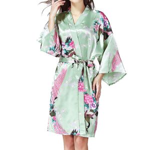 Yukata Japanese Clothing Women's Bathrobe Yukata Style Peacock Pattern Lightweight Above Knee Short Robe Women's Satin Kimono Dress Gown Loungewear Green