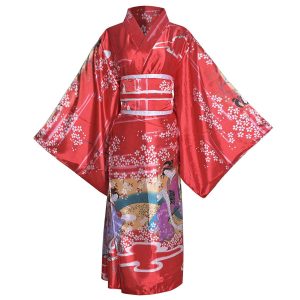 [HONGFU] Traditional Kimono Costume Floral Geisha Yukata Long Robe Bathrobe Nightgown Belt Costume with Bow (05# Long Red)