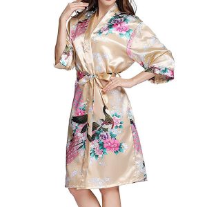 Yukata Japanese Clothing Women's Bathrobe Yukata Style Peacock Pattern Lightweight Above Knee Short Robe Women's Satin Kimono Dress Gown Loungewear Yellow