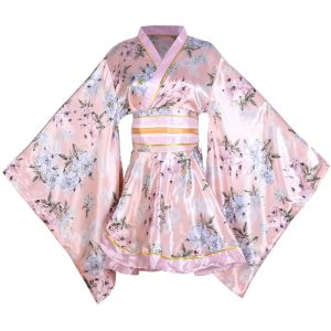 [WBooo] Floral Mini Kimono Dress, Sexy Satin Robe, Short Yukata with Obi, Oiran-style Costume, Yosakoi Costume, Cabaret Dress, Pink (SK63-Powder)