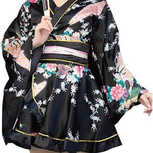 [ZYJ] Women's Kimono Short Yukata Sexy Kimono Mini Dress Floral Plain See-through V-neck Bathrobe Nightgown (Peacock Pattern - Black) Free Size