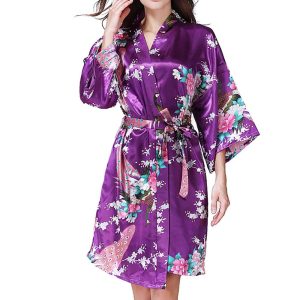 Yukata Japanese Clothing Women's Bathrobe Yukata Style Peacock Pattern Lightweight Above Knee Short Robe Women's Satin Kimono Dress Gown Loungewear Purple