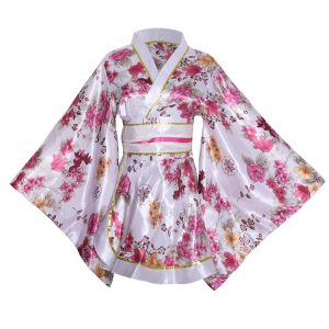 [HONGFU] Women's Short Kimono Costume Floral Long Sleeves Traditional Japanese Geisha Yukata Lolita Dress Sexy Bathrobe Nightgown Robe Belt Outfit (S03# Short Rose Red)