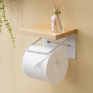 Toilet paper holder, wooden, natural wood x white, toilet cover, stylish, single, antique toilet, natural wood, paper holder, cover, toilet supplies, restroom, shelf