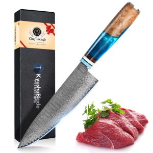 KyushuBlade Chef's Knife, Damascus Knife, Blade Length 200mm. Professional Chef's Knife, Western Knife, Santoku Knife for Kitchen. Hand-forged All-Purpose Knife, Real Damascus Pattern Double-Edged Knife for Left-Handed, Rust-Resistant 67-Layer High Carbon Stainless Steel Cooking Knife. Unique Blue Resin + Wooden Handle Construction. Sharp Multi-Function Cooking Utensil for Cutting Meat, Vegetables, Fruits, Cooking, Home Use, Commercial Use, Perfect as a Gift