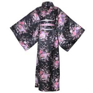 [HONGFU] Traditional Kimono Costume Floral Geisha Yukata Long Robe Bathrobe Nightgown Belt with Bow Costume (02# Long Black)