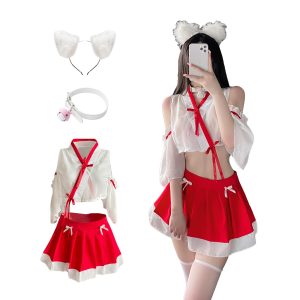 [Mominks] Christmas Cosplay Shrine Maiden Costume Sexy Naughty (Fox Ears + Bell Collar + Shrine Maiden Costume) Fox Fairy Shrine Kimono Japanese Clothing New Year Cute Cosplay Costume Halloween Christmas School Festival Cultural Festival Cross-dressing Popular Cosplay