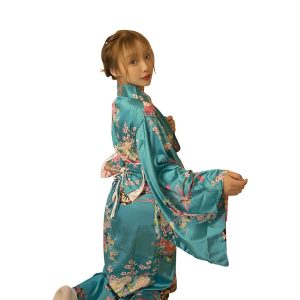 Joel Women's Kimono Robe Dress Floral Oiran Costume Satin Yukata Long Bathrobe Pajamas Nightdress Summer Festival Dancewear with Belt (Blue)