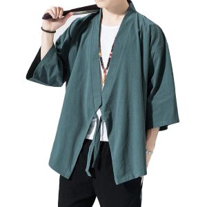 [jastie] Men's Plain Cardigan Summer/Autumn Japanese Casual Shirt 3/4 Sleeve Japanese Style Hoodie Open Collar Shirt Loose Fitted Coat Stylish Plain Retro Dark Taoist Outerwear Japanese Coat Yukata Kimono Fireworks Festival Loungewear UV Protection Big Size Cotton (Green, L)