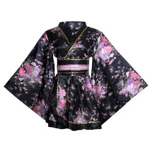 [HONGFU] Women's Short Kimono Costume Floral Long Sleeves Japanese Traditional Geisha Yukata Lolita Dress Sexy Bathrobe Nightgown Robe Belt Outfit (S02# Short Black)