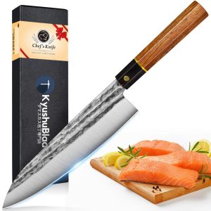 kyushublade Chef's knife, Gyuto knife, Professional chef's knife, Blade length 210mm. All-purpose kitchen knife, Santoku knife. High carbon stainless steel cooking knife. Octagonal wooden handle & ergonomic design, double-edged knife, left-handed, lightweight, easy to hold. Sharp, fish cutter, meat cutter, vegetable cutter, fruit cutter, rust-proof, multi-functional, for home use, cooking, and commercial use. Comes with a gift box, perfect as a gift.