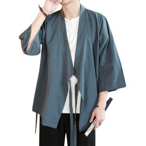 [WBooo] Men's Haori Jacket, Open Collar Shirt, Japanese Style Cardigan, Jinbei Style Kimono, Yukata, 3/4 Sleeves, Men's Kimono, Single Layer, Summer Clothes, Autumn Clothes (714-Gray Blue, XL)