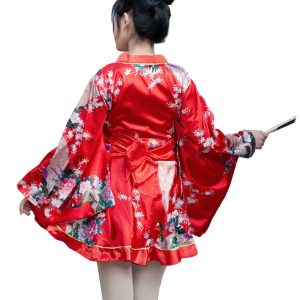 [ZYJ] Women's Kimono Short Yukata Sexy Kimono Mini Dress Floral Plain See-through V-neck Bathrobe Nightgown (Peacock Pattern-Red) Free Size