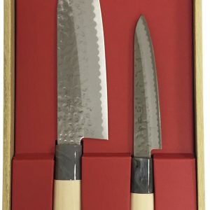 Yakusel Sekito Heisaku Knife Set of 2 Santoku Knife and Petty Knife Made in Japan Beginner's Single-edged Japanese Knife for Meat, Fish, Vegetables, Fruits Hammered Stainless Steel 32054