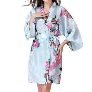 Yukata Japanese Clothing Women's Bathrobe Yukata Style Peacock Pattern Lightweight Above Knee Short Robe Women's Satin Kimono Dress Gown Loungewear Light Blue