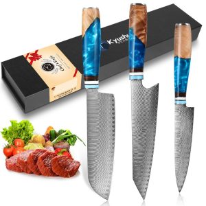 KyushuBlade 3-piece knife set [Santoku knife + Gyuto knife + Petty knife] Professional Damascus knife set. All-purpose kitchen knife set. Hand-forged kitchen knife set, genuine Damascus pattern double-edged knife for left-handed people, rust-resistant 67-layer high carbon stainless steel kitchen knife set. Unique blue resin + natural wood handle structure. Sharp cutting edge for meat, fish, vegetables, and fruit. Multi-functional cooking utensils for home and commercial use, perfect as a gift.