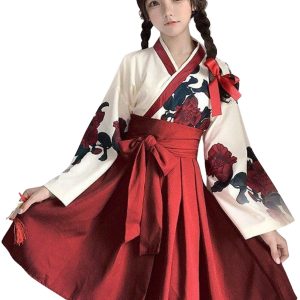 Lady Lazy Taisho Romance Hakama Kimono Dress Long Floral Lolita Lolita Clothes Large Size Loose Cute Black Red Floral Plain Gothic Lolita Cosplay Adult Costume Yukata Shrine Maiden Showa Retro Short Length Rose Pattern (Red, S)