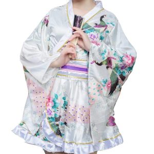 [ZYJ] Women's Kimono Short Yukata Sexy Kimono Mini Dress Floral Plain See-through V-neck Bathrobe Nightgown (Peacock Pattern-White) Free Size