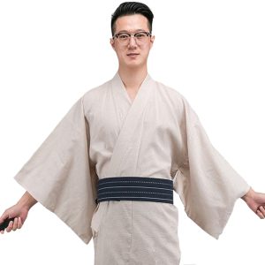 [Akurudo] Yukata for Men, Japanese Clothing, Square Belt, 2-Piece Set, Striped Pattern, Kimono, Easy to Wear, Men's Yukata Set, Plain, Simple, Soft to the Touch, Gentlemen's, Front Opening, Nightwear, Roomwear, Men, Japanese Style, Fireworks Festival, Bon Festival (Beige, L)