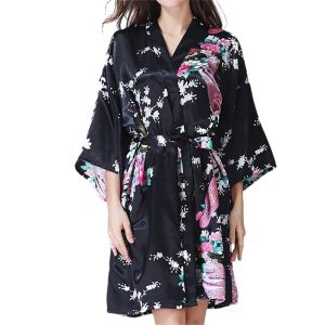 Yukata Japanese Clothing Women's Bathrobe Yukata Style Peacock Pattern Lightweight Above Knee Short Robe Women's Satin Kimono Dress Gown Loungewear (Black)