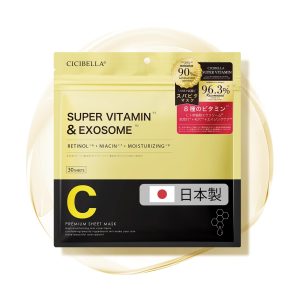 CICIBELLA Vitamin C Mask, Made in Japan, Large Capacity, 30 Sheets, Exosome Sheet Mask with Retinol, Niacinamide, and Human Stem Cells, Moisturizing and Firming for Sensitive and Dry Skin, Mask Sheet, Serum, Skincare (Super Vitamin x EXOSOME)
