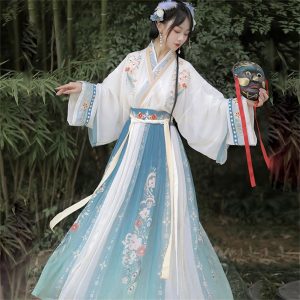 [LyuSyoEn] Women's Hanfu Cosplay Kimono Dress Floral Embroidery Chinese Clothing Tang Suit Beautiful Clothing Party Dress Large Size Group Clothing Stage Costume School Festival Cultural Festival Photo Shoot (Blue, XL)