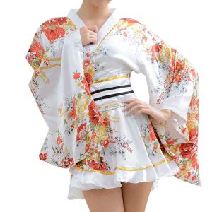 HONGFU Women's Oiran Style Long Kimono Dress Chiffon Cherry Blossom Japanese Style Yukata Costume Cosplay Costume with Obi White