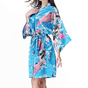 Yukata Japanese Clothing Women's Bathrobe Yukata Style Peacock Pattern Lightweight Above Knee Short Robe Women's Satin Kimono Dress Gown Loungewear Tenran