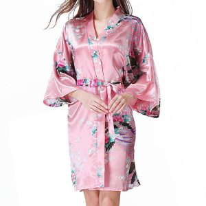 Yukata Japanese Clothing Women's Bathrobe Yukata Style Peacock Pattern Lightweight Above Knee Short Robe Women's Satin Kimono Dress Gown Loungewear (Pink)