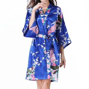 Yukata Japanese Clothing Women's Bathrobe Yukata Style Peacock Pattern Lightweight Above Knee Short Robe Women's Satin Kimono Dress Gown Loungewear (Royal Blue)