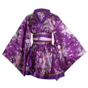 [WBooo] Kimono Mini Dress, Oiran Cosplay, Yosakoi Costume, Satin, Floral Pattern, Japanese Style, Yukata, Short, Bathrobe, Cabaret Dress (SK02-Purple)