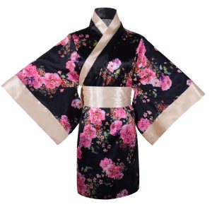 [YuanD] Women's Sexy Japanese Kimono Cosplay Costume Floral Deep V Lingerie Robe Pajamas Bathrobe Bedroom Gown Outfit (Black)