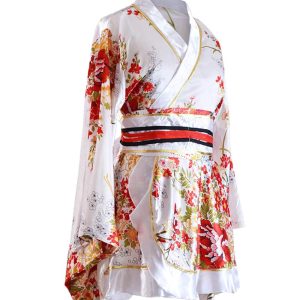 YuanD Yukata Japanese Pattern Cabaret Dress Halloween Costume Women's Floral Kimono Mini Dress Sexy Oiran Cosplay (White)