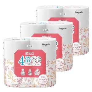 Iris Plaza Penguin Toilet Paper, Single, Coreless, Extra Long, 4x Length, 200m, 4 Rolls x 3 Sets (12 Rolls for 48 Rolls)