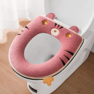 Toilet seat cover, toilet mat, warm, fluffy, soft, toilet bowl mat, stylish, cute tiger pattern, toilet seat cover with zipper, thick, toilet seat cushion, U-shaped, O-shaped, V-shaped toilet seat, winter, cold protection, washable, reusable, waterproof on the back, easy to install, toilet cover, compatible with washing and heating toilets, pink