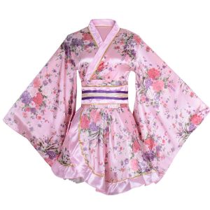 YuanD Sexy Kimono Dress, Oiran Cosplay Costume, Short Length, Floral Pattern, Japanese Clothing, Costume, Yukata, Night Dress (Pink) Powder Color