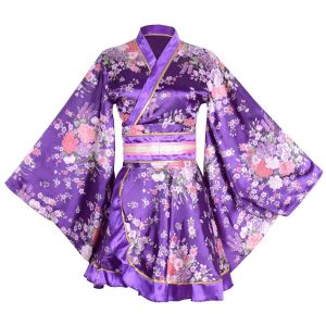 YuanD Sexy Kimono Dress, Oiran Cosplay Costume, Short Length, Floral Pattern, Japanese Clothing, Costume, Yukata, Night Dress (Purple)