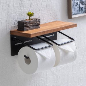 Wooden toilet paper holder, toilet cover, wooden brown x black, stylish, double, antique-style toilet, natural wood, paper holder, cover, toilet supplies, restroom, shelf