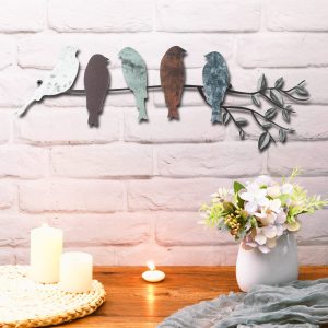 Ferraycle Metal Bird Wall Art, Birds on a Branch Wall Decor Bird Leaves Metal Sculpture Bird Silhouette Metal Ornament Branch Wall Hanging Sign Balcony Garden Home Decoration (Vibrant Color)