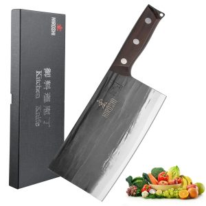 HIROSHI German-made stainless steel Chinese bone-cutting knife, meat-cutting knife, medium-thick blade cooking knife, bone-in vegetable knife, kitchen knife, forged, black-treated rust-proof, carbonized wooden handle, for home and commercial use, Chinese-style vegetable knife