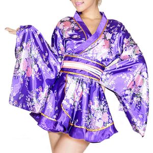 [ZYJ] Women's Kimono Short Yukata Sexy Kimono Mini Dress Floral Plain See-through V-neck Bathrobe Nightgown (Purple)