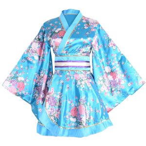 HONGFU Women's Oiran Style Long Kimono Dress Chiffon Cherry Blossom Japanese Style Yukata Costume Cosplay Costume with Obi Blue