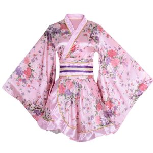 [ZYJ] Women's Kimono Short Yukata Sexy Kimono Mini Dress Floral Plain See-through V-neck Bathrobe Nightgown (Pink) Free Size