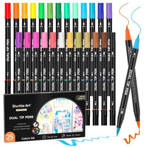 Shuttle Art Watercolor Brush Pen, Water-based Pen, 25-Color Set, Brush Pen, Twin Marker, Brush and Extra Fine Point, Includes 1 Coloring Book, Durable, Quick-Drying, Illustration, Sketch, Doodle, Picture Letter, For Adults, For Children, Manga, Cards, Homework, Art Supplies, Specialized, Comes with Case