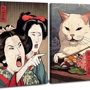 Funny Anime Posters Japanese Decor Set of 2 - Woman Screaming at Cat Canvas Wall Art, Vintage Anime Cat Wall Decor for Living Room, Hallway, Kitchen Home Decorations - 16" x 24" Framed