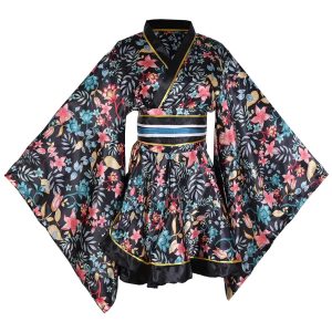 [HONGFU] Women's Sexy Short Kimono Costume Yukata Dress Yukata Dress Satin Floral Japanese Traditional Geisha Robe Bathrobe Belt Costume (M, S40-Black)