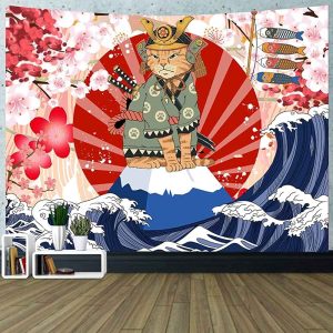 Tapestry Japanese Cat Anime Samurai Cat Vintage Mount Red Sun Japanese Cherry Blossom Big Wave Wall Tapestry Colorful Art Tapestry Modern for Living Room Multifunctional Fabric Poster Art Tapestry Suitable for Room Dorm Living Room Decoration -150x130cm