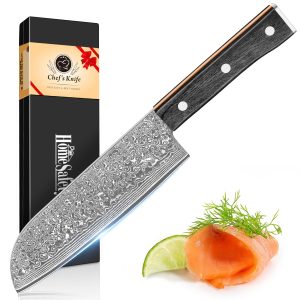 HomeSafety Knife Santoku Knife Damascus Knife Blade Length 178mm. Professional Gyuto Knife, All-Purpose Kitchen Knife. Hand-Forged Kitchen Knife, Real Damascus Pattern Double-Edged Knife for Left-Handed, Rust-Resistant 67-Layer High Carbon Stainless Steel Cooking Knife. Natural Black Wood & Orange Resin Handle Construction. Sharp Cutting Meat, Fish, Vegetables, Fruits, Multi-Function, Home, Cooking, Commercial, Gift. Comes with Gift Box