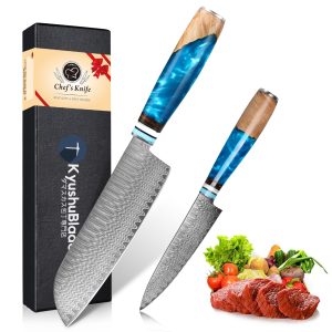 kyushublade 2-piece knife set [Santoku knife + paring knife] Professional Damascus knife Santoku knife set. All-purpose chef knife for the kitchen, double-edged knife, cooking knife. 67-layer high carbon stainless steel, unique blue resin + wooden handle structure. Sharp, multi-functional cooking utensil for cutting meat, vegetables, and fruits, for cooking, for home use, for commercial use, perfect as a gift