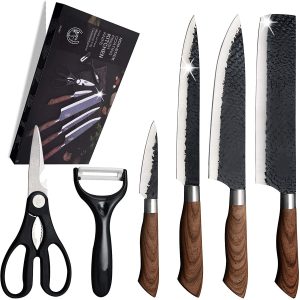 Stainless steel 6-piece knife set, chef knife, Santoku knife, vegetable knife, sashimi knife, paring knife, scissors, ceramic peeler, chef's knife, high carbon stainless steel, sharp cutting edge, long-lasting sharpness, commercial use, household use, dishwasher safe, high-quality gift packaging, birthday present, Mother's Day, Respect for the Aged Day gift